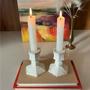 Vintage 90s Taper Candlestick Holders Cream Marble Look Porcelain Gold Trim